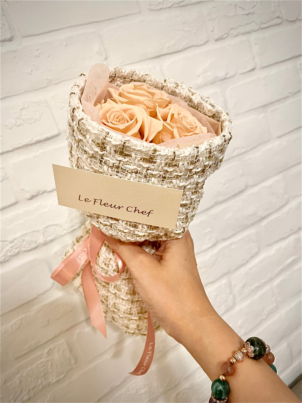 Peach Blossom Preserved Rose Tweed bouquet